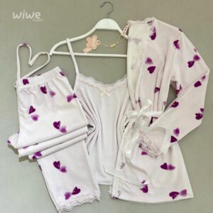 بيجامة٣ قطع باللون البيج مع قلوب