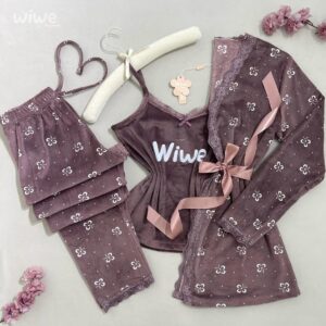 بيجامة ٣ قطع باللون النود