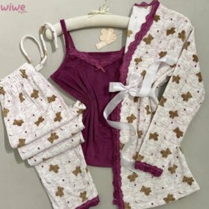 بيجامة دبدوب باللون الزهر ٣ قطع