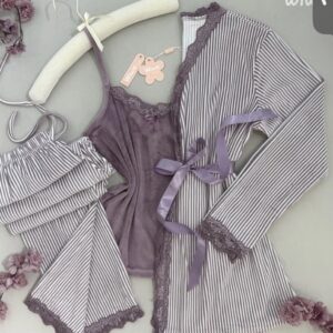 بيجامة باللون النهدي المخطط ابيض ٣ قطع